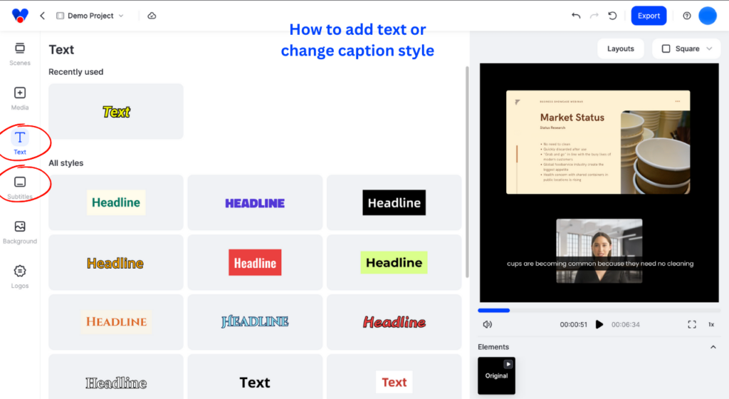 How to add text or change caption style in Vizard's video editor