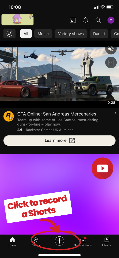 This image shows how to start recording a YouTube Shorts