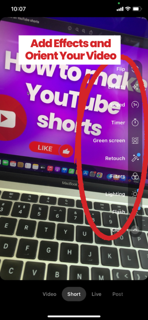 This image shows how to add effects and change settings for YouTube shorts