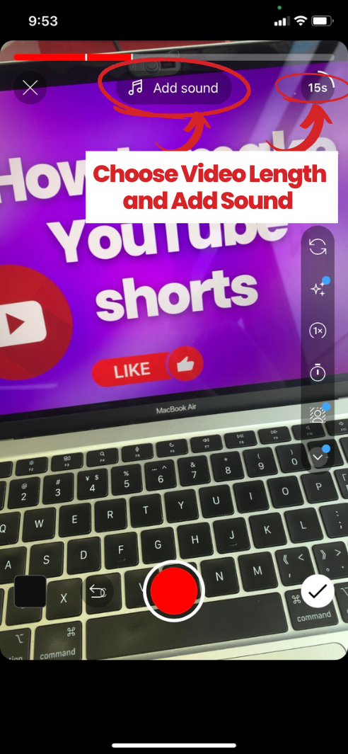 This image shows how to change recording length and add sound to YouTube shorts