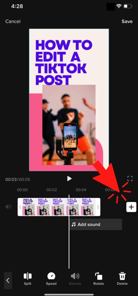 The above image shows how to add clips to a TikTok post