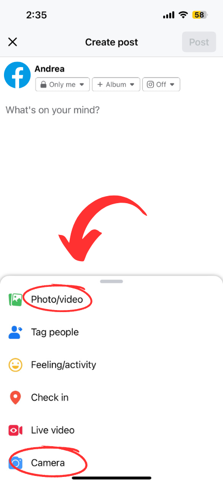 The image show how to create a video using Facebook App 
