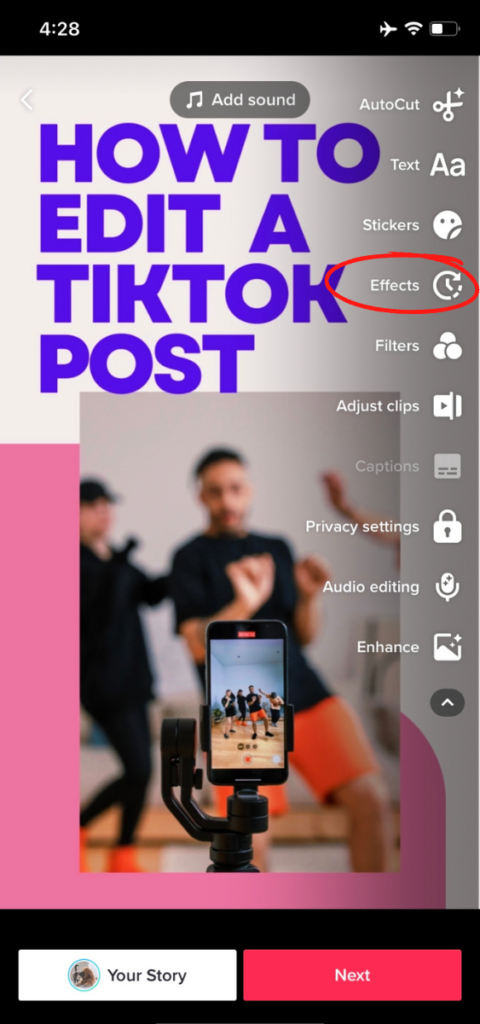 The above image shows how to add effects to a TikTok post