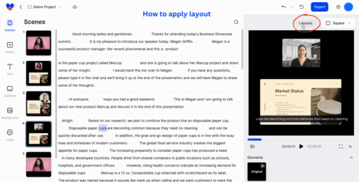 how to apply layout in Vizard's video editor