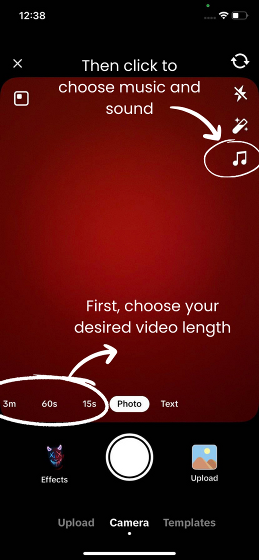 This image shows how users can choose recording length and add music in TikTok 