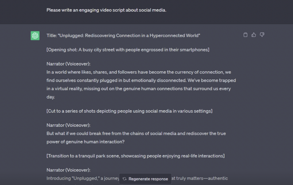This is an image showing the interface of ChatGPT, where users can generate content for video script 