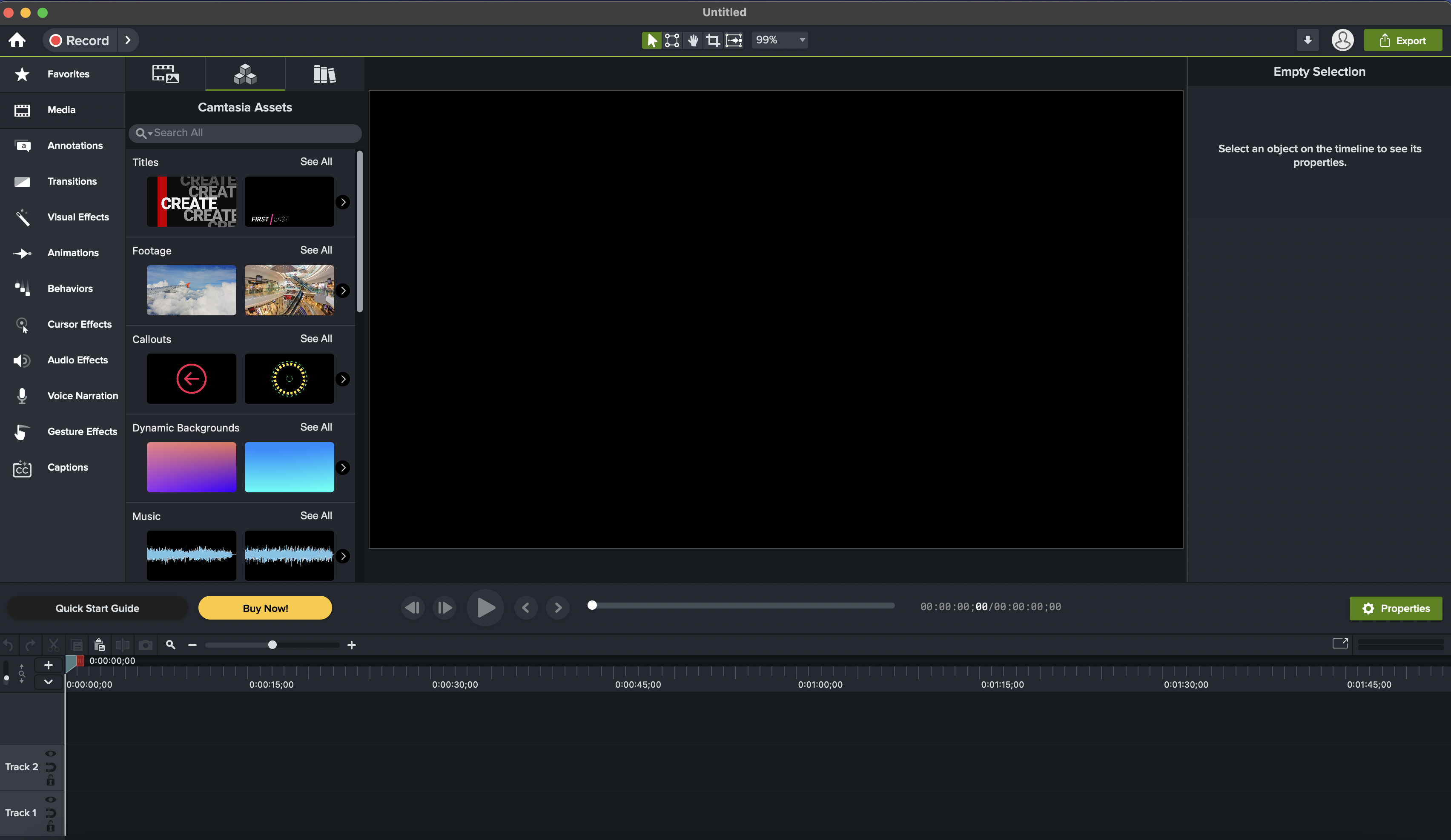 Camtasia dashboard