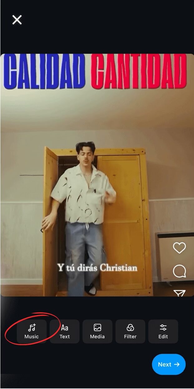 choose media and filters on instagram, and select add music button