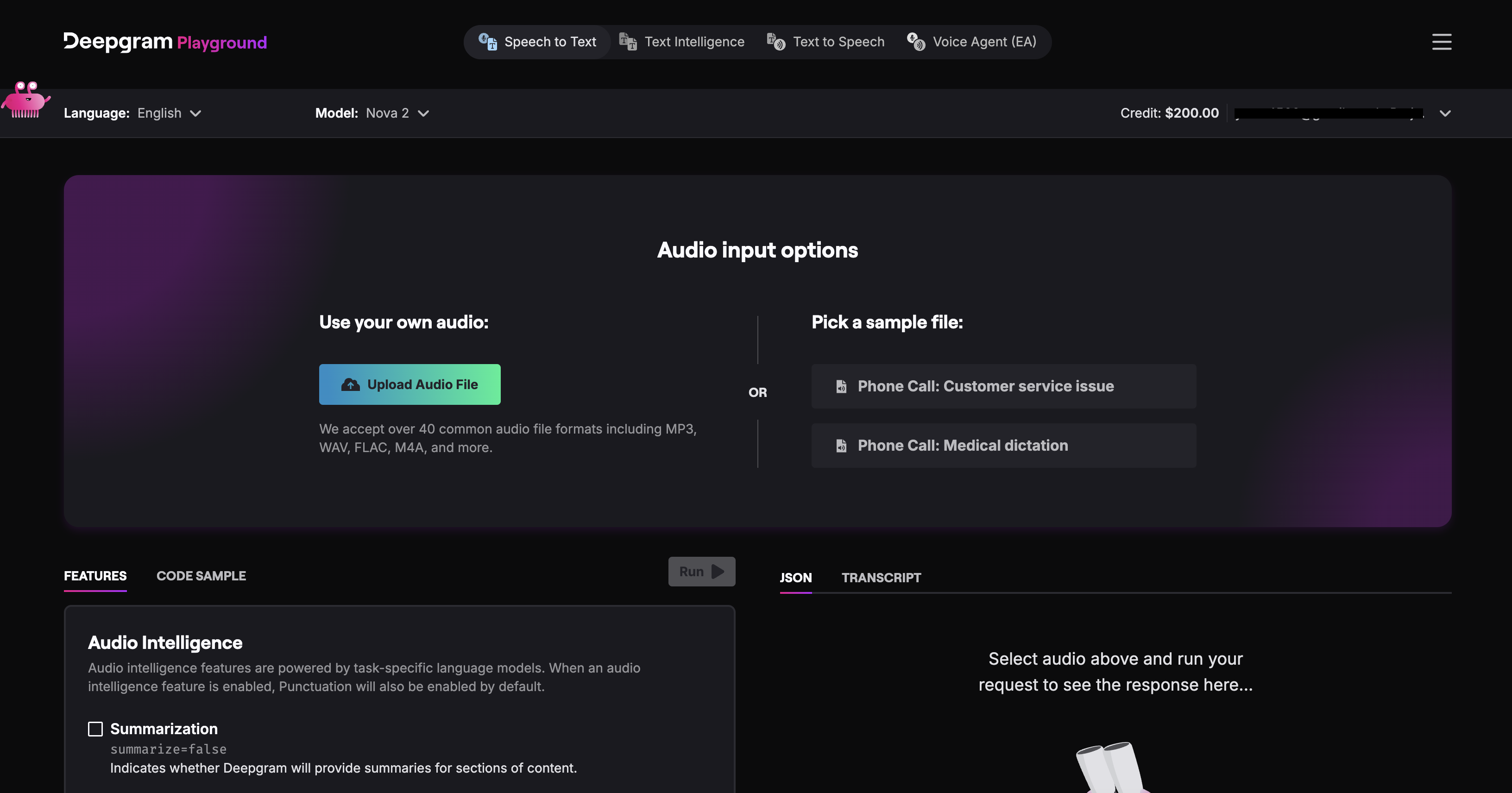 Deepgram dashboard