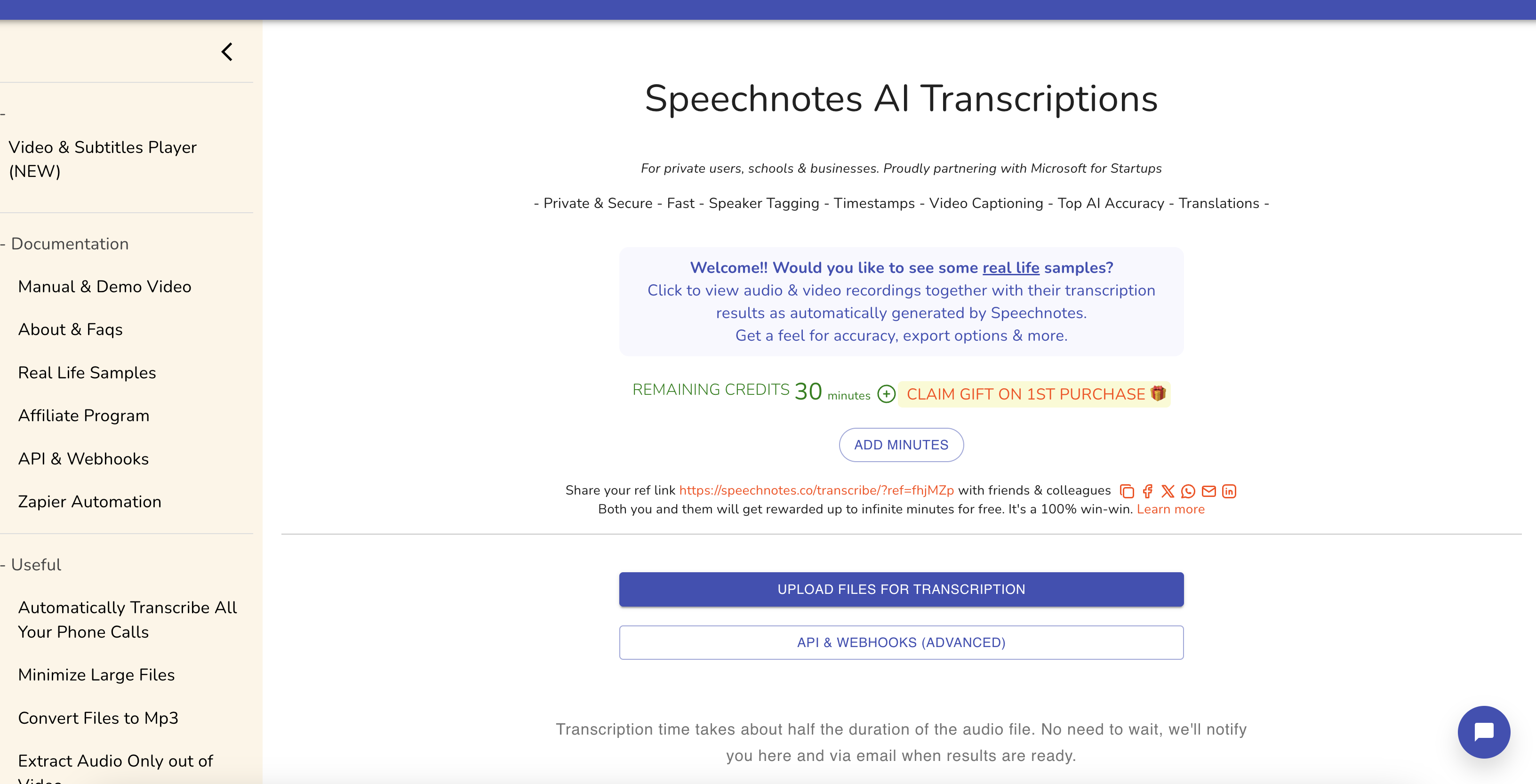 Speechnotes dashboard