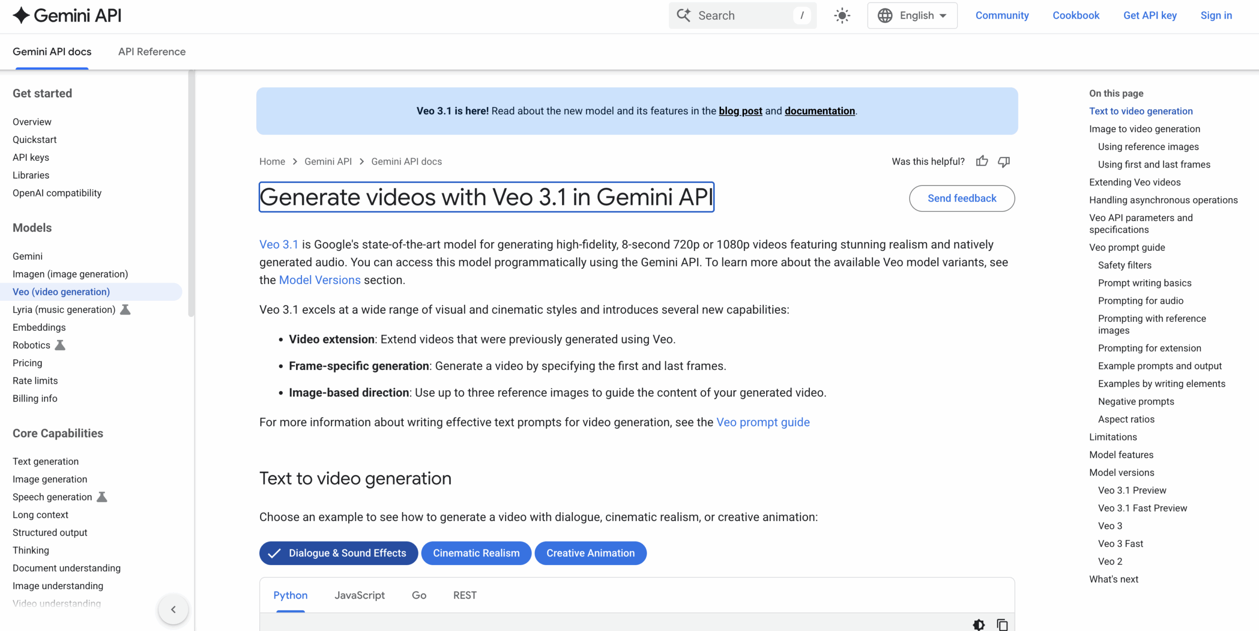 Gemini API for Veo 3.1
