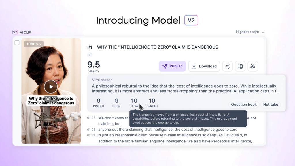 Model v2 of Vizard - including virality reasons
